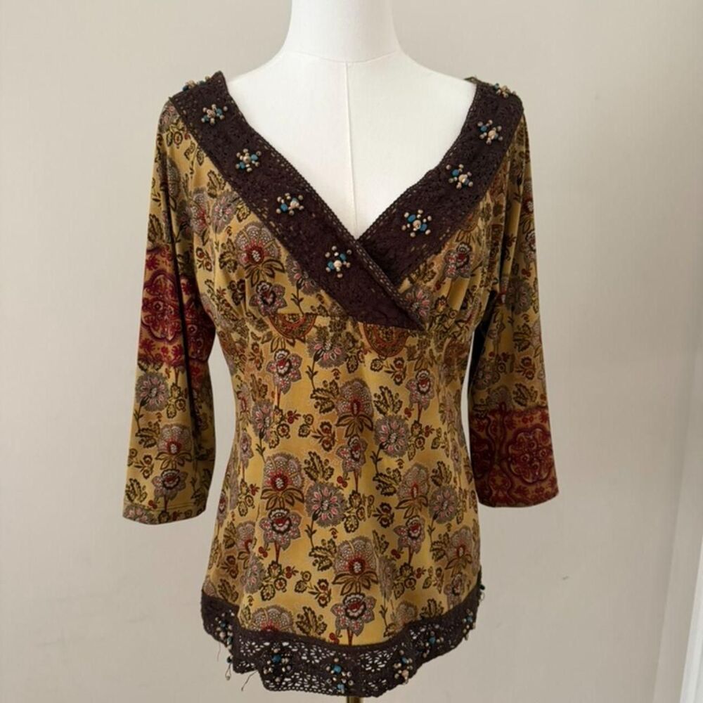 J.T.B. Y2K Boho Floral Beaded Crochet Trim Top